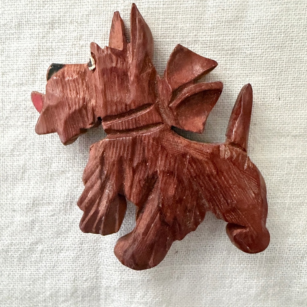 Vintage Handcrafted Brown Wooden Scottie Dog Pin